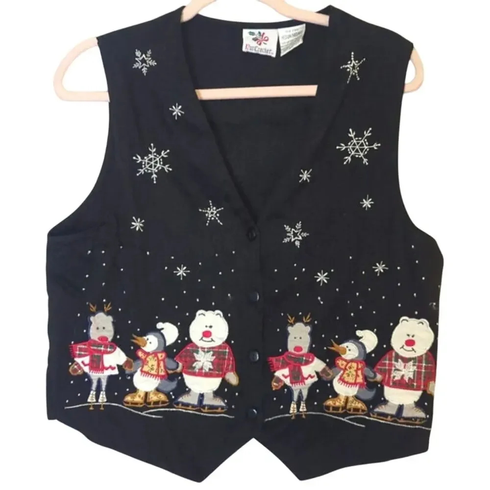 Nostalgic Vintage Winter Festival Embroidered Patchwork Holiday Vest Women's M.